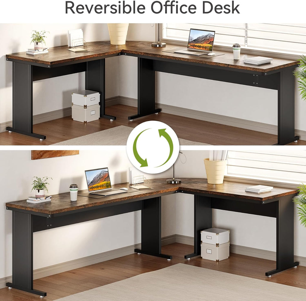 LITTLE TREE 83 Inch L-Shaped Office Desk with Drawers, Large Executive Office Desk with Storage, Wooden Computer Desk with File Cabinet, Modern Work Desk for Home Office, Brown