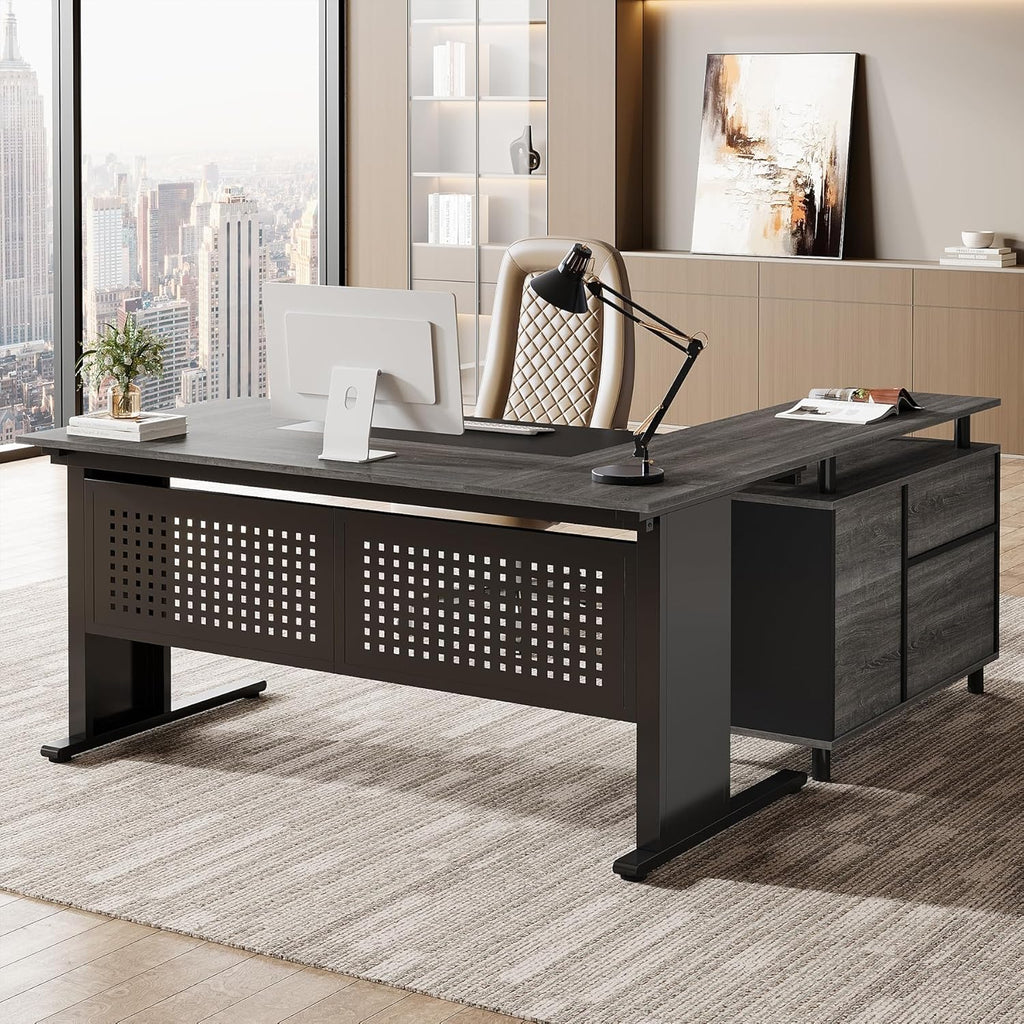 Tribesigns 63-Inch L-Shaped Executive Desk with Storage Shelves, Large Office Computer Desk with Drawers and File Cabinet, Industrial Business Workstation for Home Office, Gray and Black