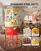 12 oz Upgraded Popcorn Machine Cart, Popcorn Maker Machine with Stainless-Steel Kettle Makes Up to 48 Cups, Movie Theater Pop Corn Machine with 3-Switch Control & Tempered Glass Doors, Red