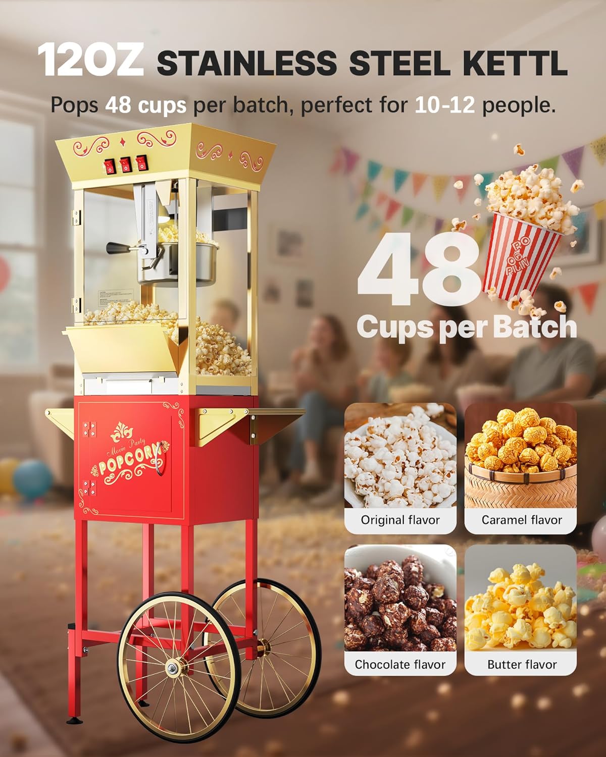 12 oz Upgraded Popcorn Machine Cart, Popcorn Maker Machine with Stainless-Steel Kettle Makes Up to 48 Cups, Movie Theater Pop Corn Machine with 3-Switch Control & Tempered Glass Doors, Red