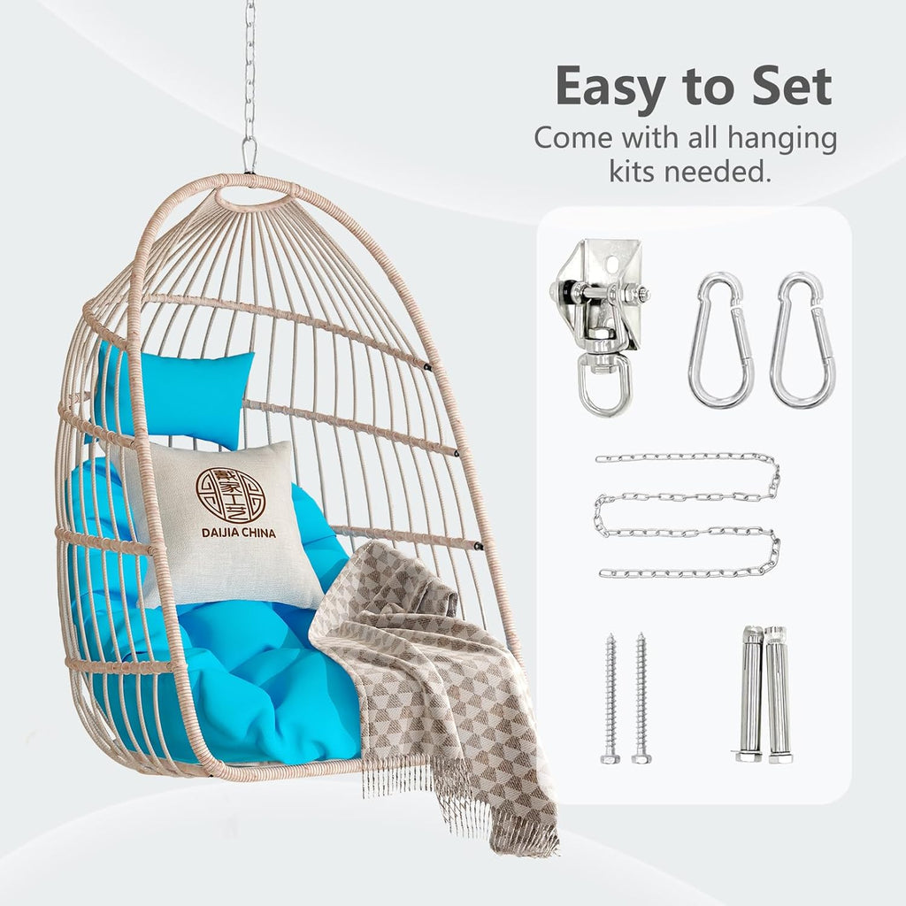 Hanging Egg Chair Without Stand, HDPE Rattan Foldable Swing Chair with Pillow, Aluminum Frame & UV Resistant Cushion for Indoor Outdoor Bedroom Garden, 350Lbs Capacity (Blue)