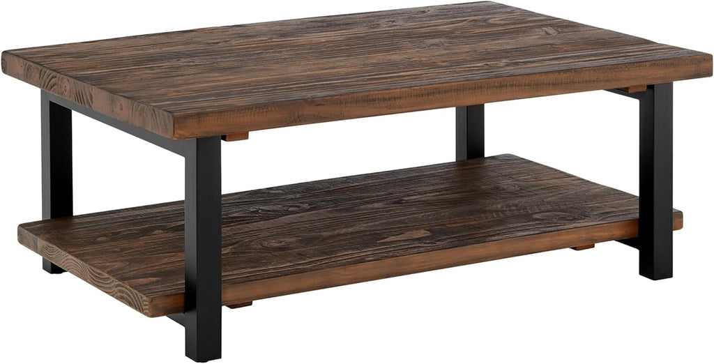Alaterre Furniture Pomona Living Room 48 Inch Rectangular Solid Wood Coffee Table with Storage Shelf & Metal Legs – Rustic Industrial Farmhouse Large Living Room Table (Rustic Brown)