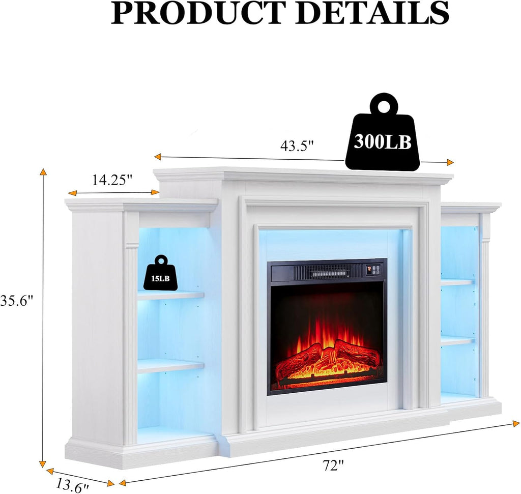 72" LED Lights Electric Fireplace with Mantel, Fireplace TV Stand for TVs Up to 80",Modern Entertainment Center with Storage, Delicate Three-Dimensional Molding with Remote Control for Living Room