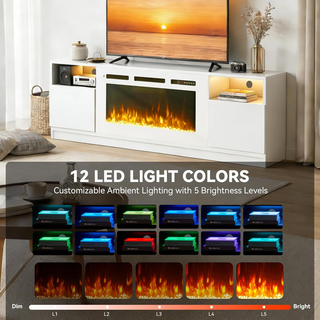 70" Fireplace TV Stand, LED Light Entertainment Center for TVs Up to 80", High-Gloss Door, Modern TV Console for Living Room with Storage Cabinet, White+White