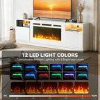 70" Fireplace TV Stand, LED Light Entertainment Center for TVs Up to 80", High-Gloss Door, Modern TV Console for Living Room with Storage Cabinet, White+White