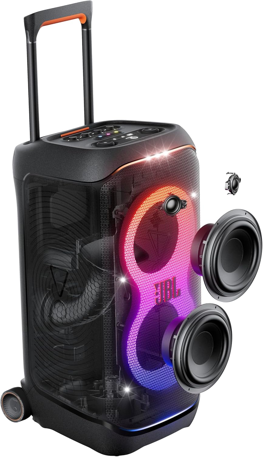 JBL PartyBox Stage 320 - Portable Party Speaker with Telescopic Handle & Wide  Sturdy Wheels  Powerful JBL Pro Sound  Futuristic lightshow  Up to 18 Hours of Play time  Splash Proof (Black)