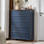 Farmhouse 5 Drawer Dresser for Bedroom, 45" Tall Rustic Chests of Drawers w/ 4 Solid Wood Feet, Mid Century Modern Wooden Closet Storage Dressers Organizer for Living Room, Hallway, Navy Blue