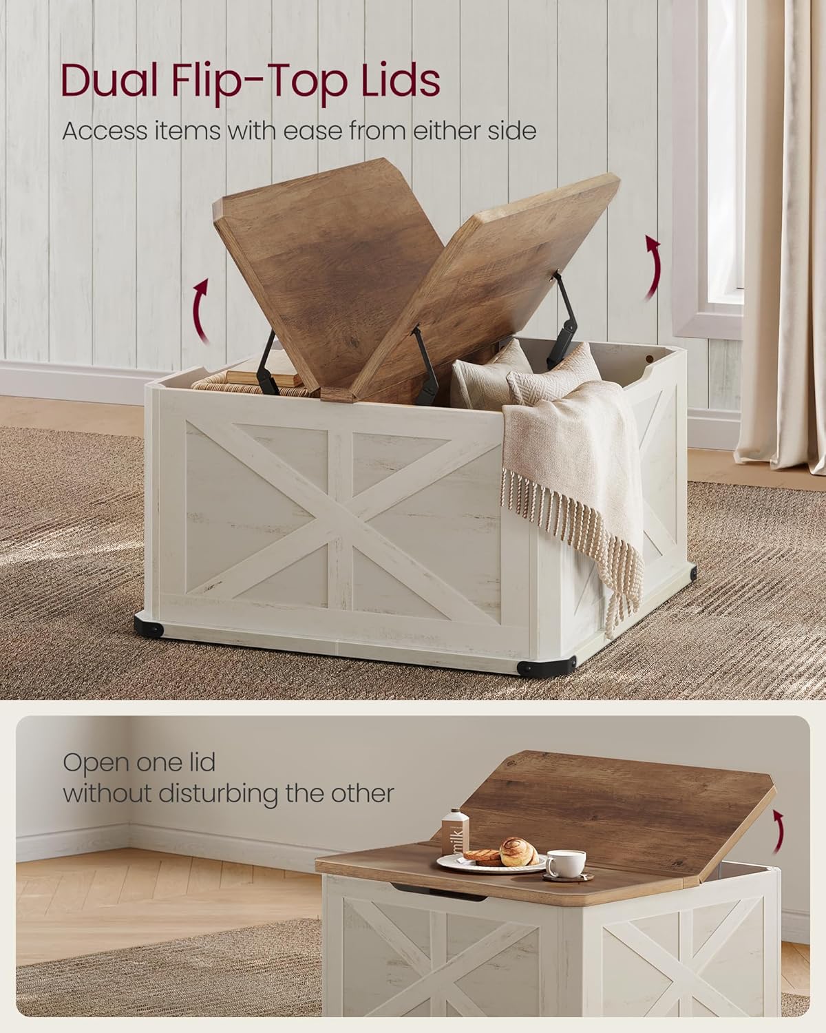VASAGLE LIRY Collection - Farmhouse Coffee Table with Storage, Square Center Coffee Table for Living Room, with Hidden Compartment, Flip-Top Lids, Honey Brown and Rustic White ULCT232W73