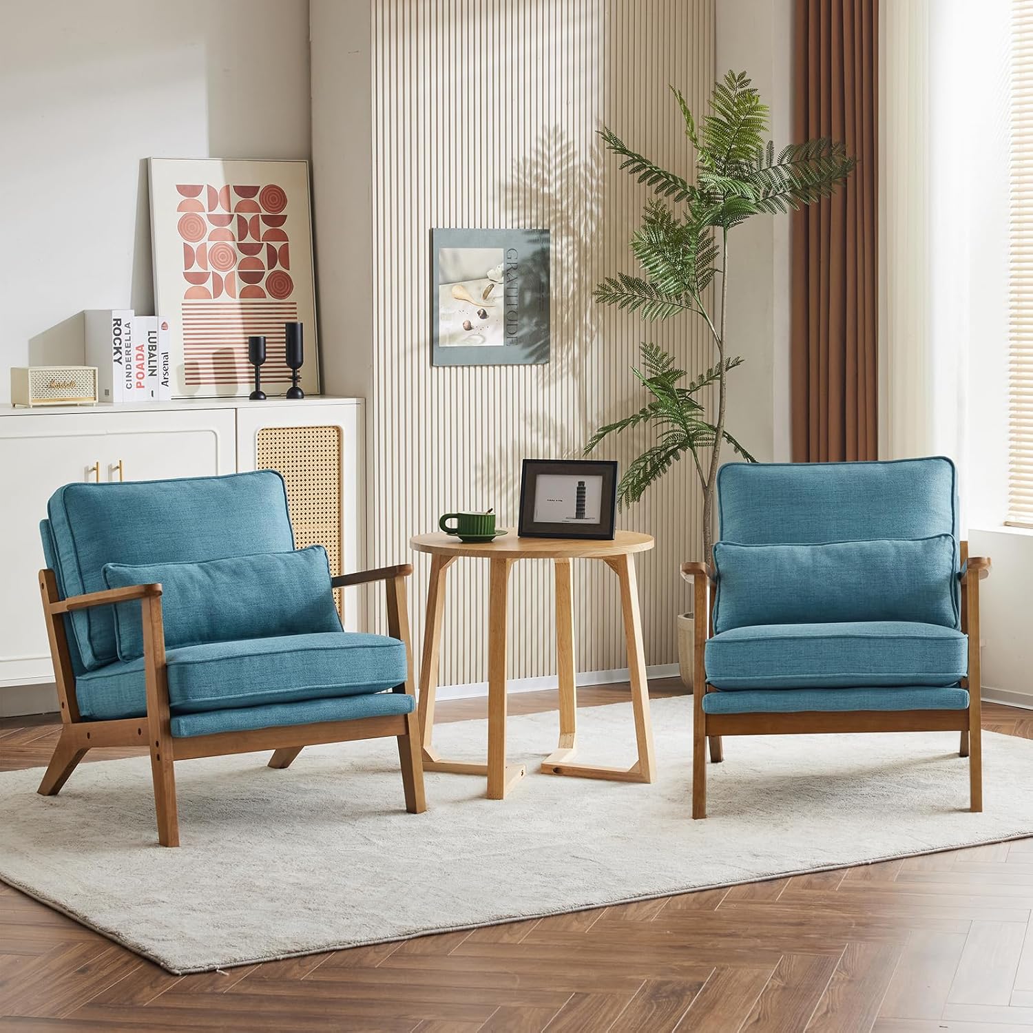 Karl home Accent Chair Wide Armrest Mid-Century Lounge Chair Linen Fabric Armchair with Lumbar Pillow & Solid Wood Frame for Living Room, Bedroom, Balcony, Cyan-Blue