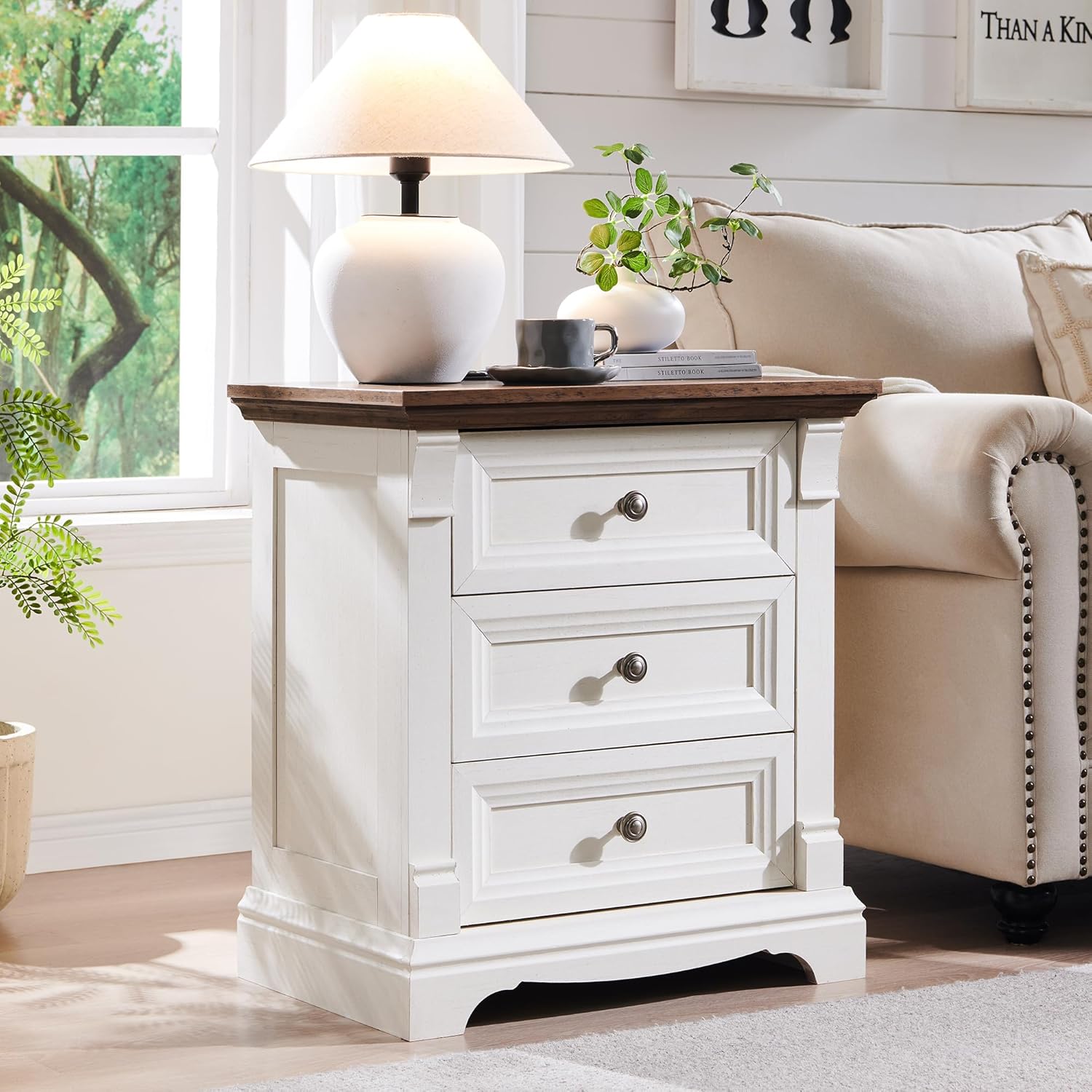 T4TREAM Farmhouse Nightstand Set of 2, 23.6" End Table with 3 Drawers Storage, Wood Side Table w/Roman Column, End Tables Living Room Set of 2, Bedside Cabinet for Bedroom, Living Room, Antique White