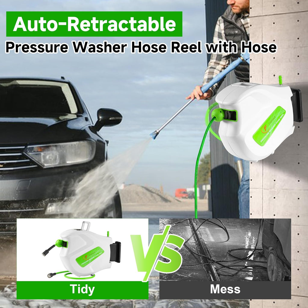 FIXFANS Pressure Washer Hose Reel with Hose, 1/4" × 65ft Retractable Power Washer Reel with Hidden Handle, Wall Mounted High Pressure Hose Reel Auto Rewind, 3600 PSI