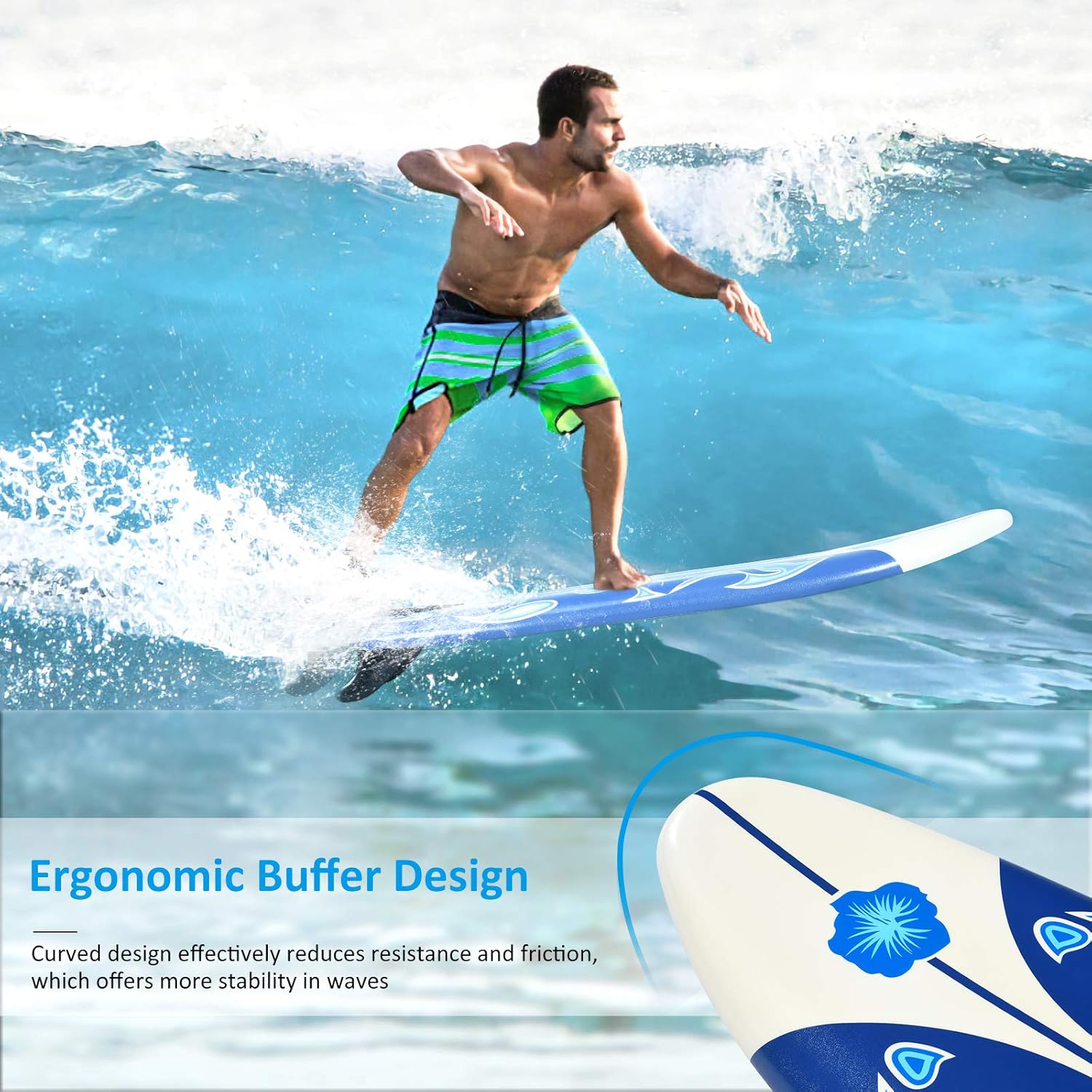 GYMAX Surfboard, 6' Body Board with Removable Fins & Protective Leash, Non-Slip Surfing Board for Surfing, Fishing Water Yoga