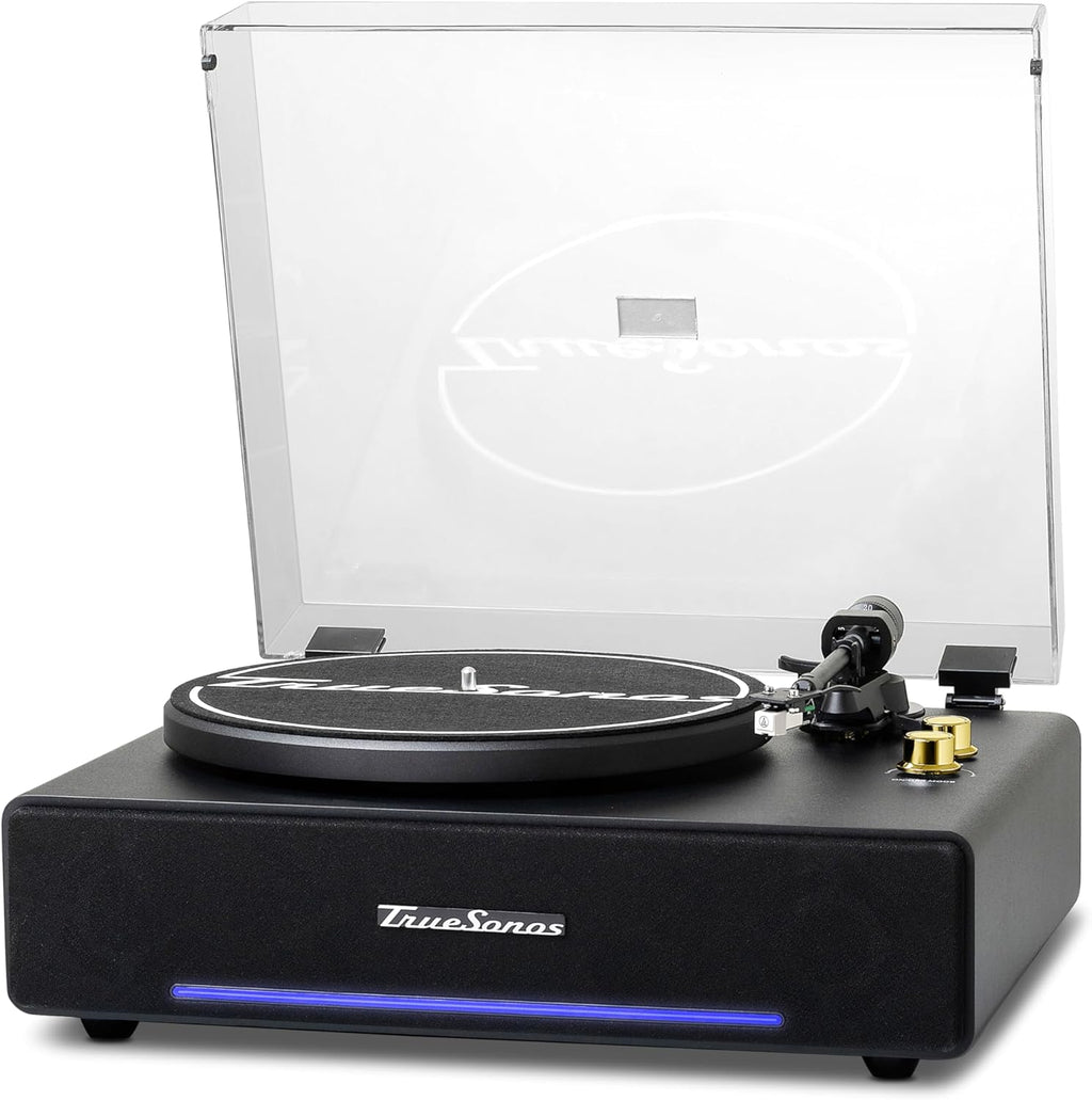 Hi-Fi Record Player with Speakers | Premium Vinyl Turntable with Bluetooth Capability | Built-in 4-Speaker Stereo System for Music Fans  Black Veneer + Gold Trim