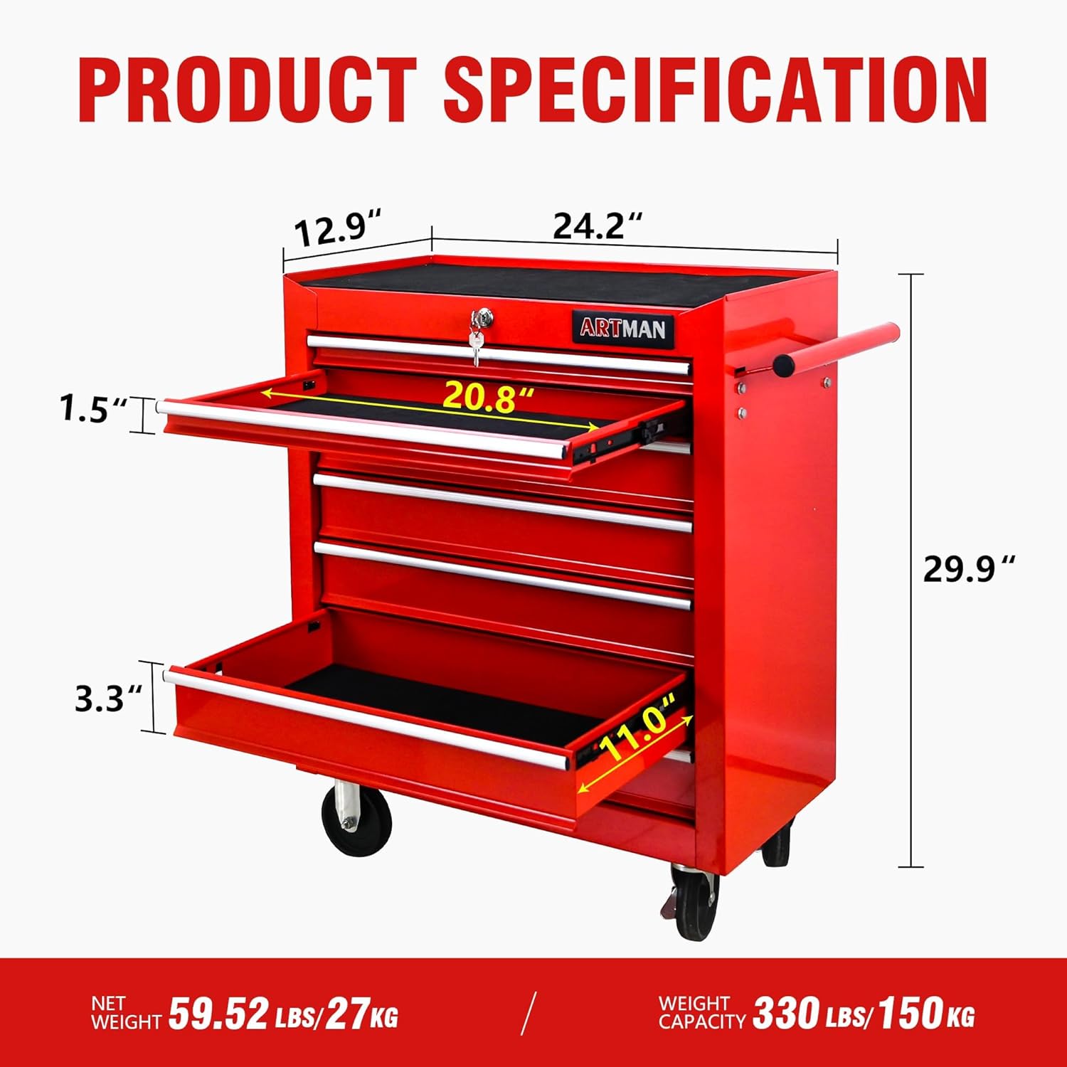 7 Drawers Rolling Tool Cart on Wheels, Multifunctional Organizer Tool Chest Tool Case, Trolley Tool Storage Tool Box for Workshop,Garage,Repair Shop (7 Drawers 24.2" W×12.9" D×29.9" H-Red)