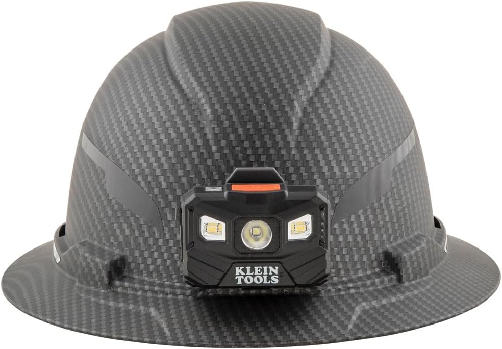 Klein Tools 60346 Hard Hat, Non-Vented Full Brim, Class E, Premium KARBN Pattern, Rechargeable Lamp, Padded Sweat-Wicking Sweatband, Top Pad