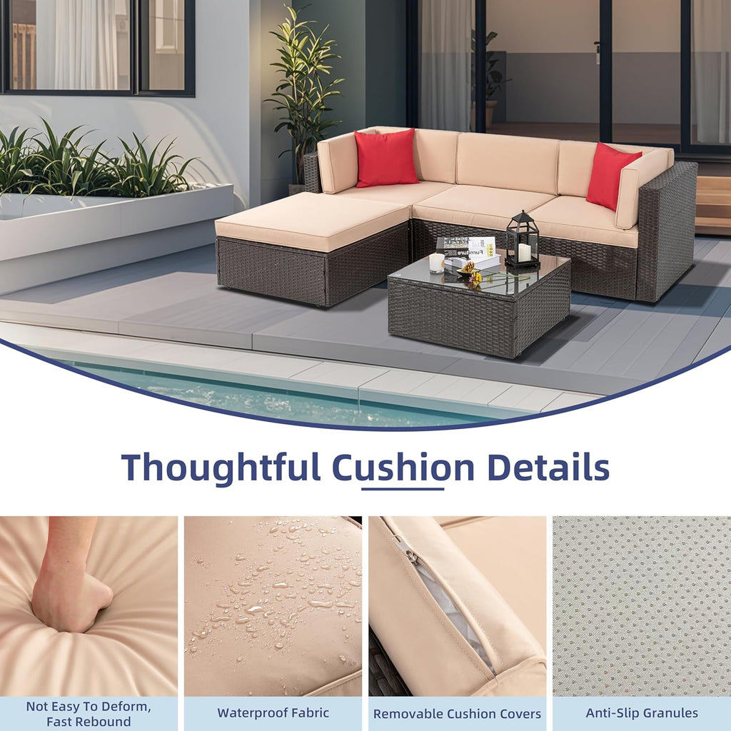 Vongrasig 5 Piece Patio Furniture Sets  Outdoor Patio Set Sectional Sofa  All-Weather PE Rattan Outdoor Couch with Ottoman  Glass Table for Garden  Backyard  Porch  Beige