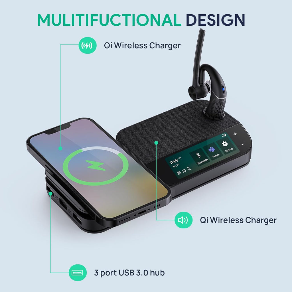 Yealink Bluetooth Headset Workstation  Office Wireless Headset with Mic  Speakerphone  Wireless Charging Pad  Charging Case  USB-C/A Dongle Connect to Desk Phone  PC  Work with Teams Zoom