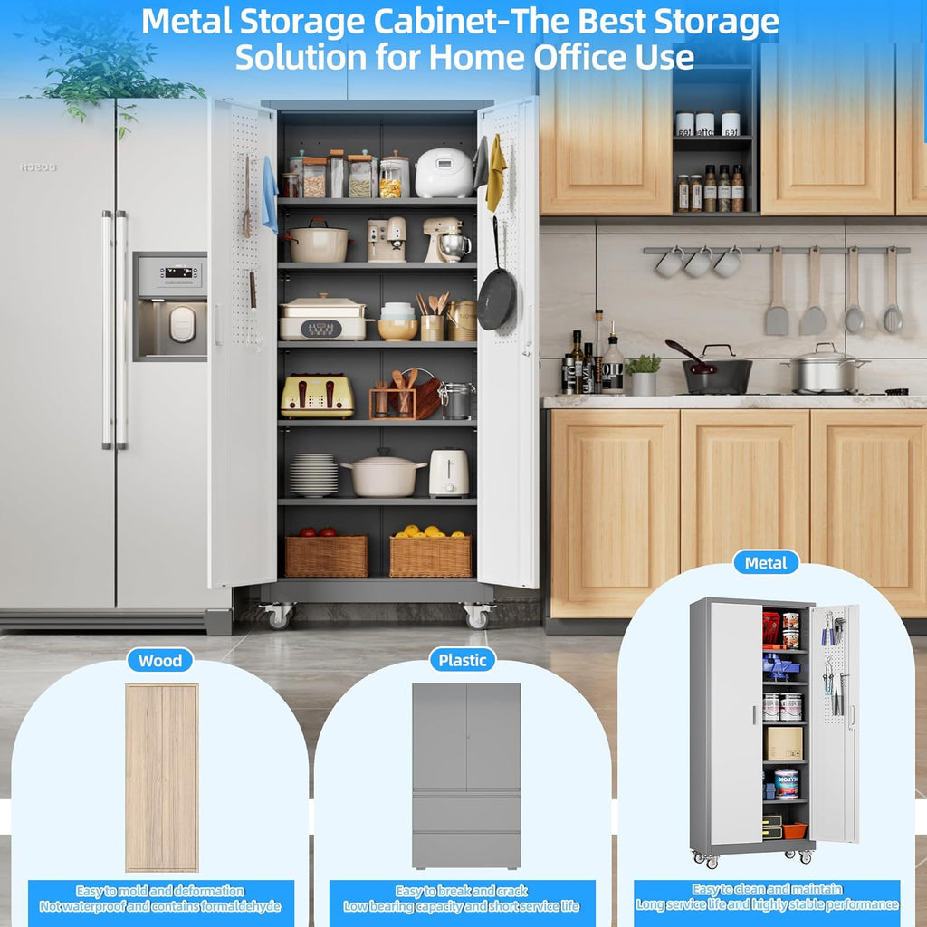 Aobabo Upgrade 71H''*32''W*16''D Metal Garage Storage Cabinet with Wheels and Pegboards, 5 Adjustable Shelves Steel Storage Cabinets for Home,Warehouse,Garage,Assembly Required,Grey and White