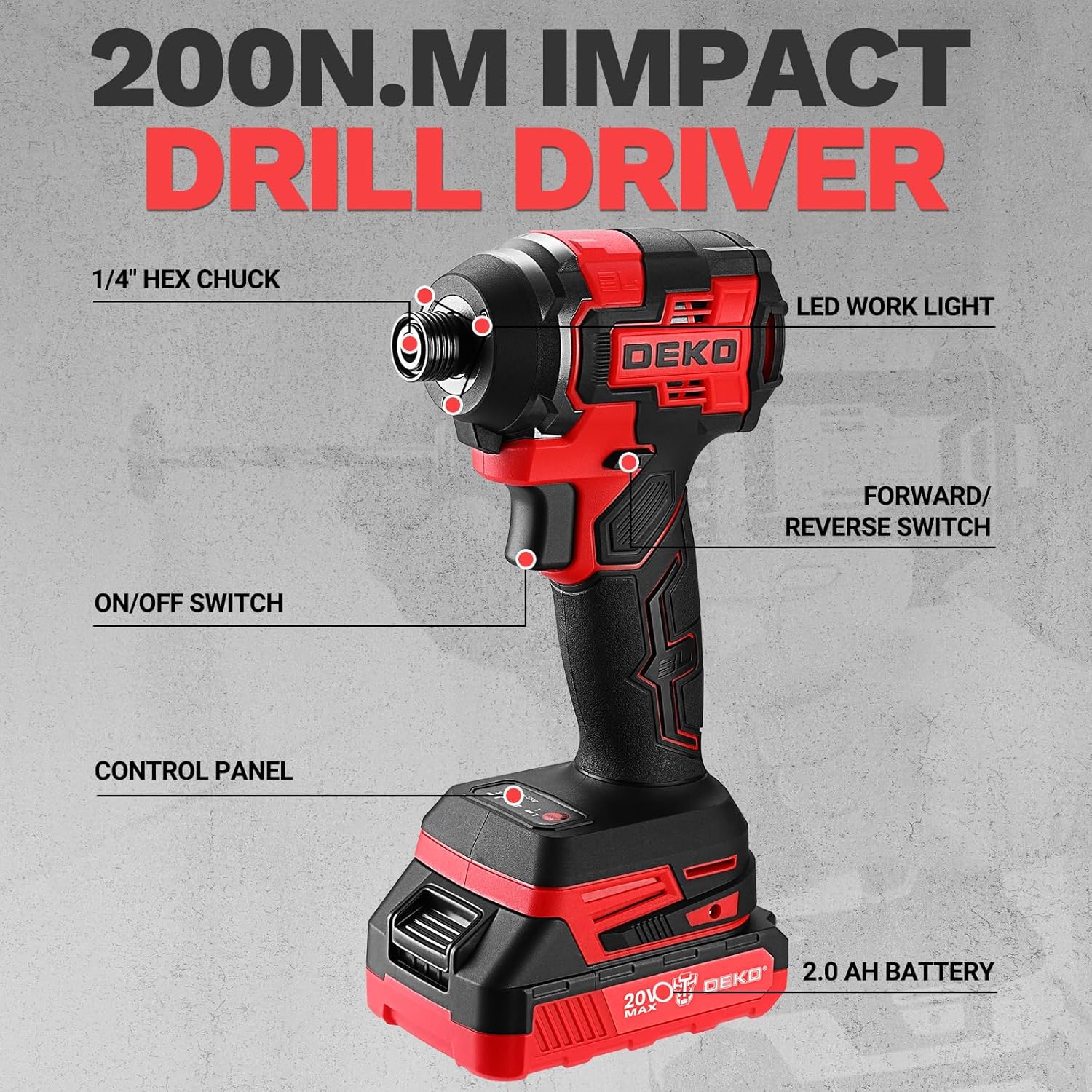 Cordless Drill & Impact Driver: DEKOPRO 20V Brushless Power Drill and 20V Brushless Impact Driver Set, Power Tool Set with 2x2.0Ah Batteries, Charger, Bag & 52xAccessories-Red