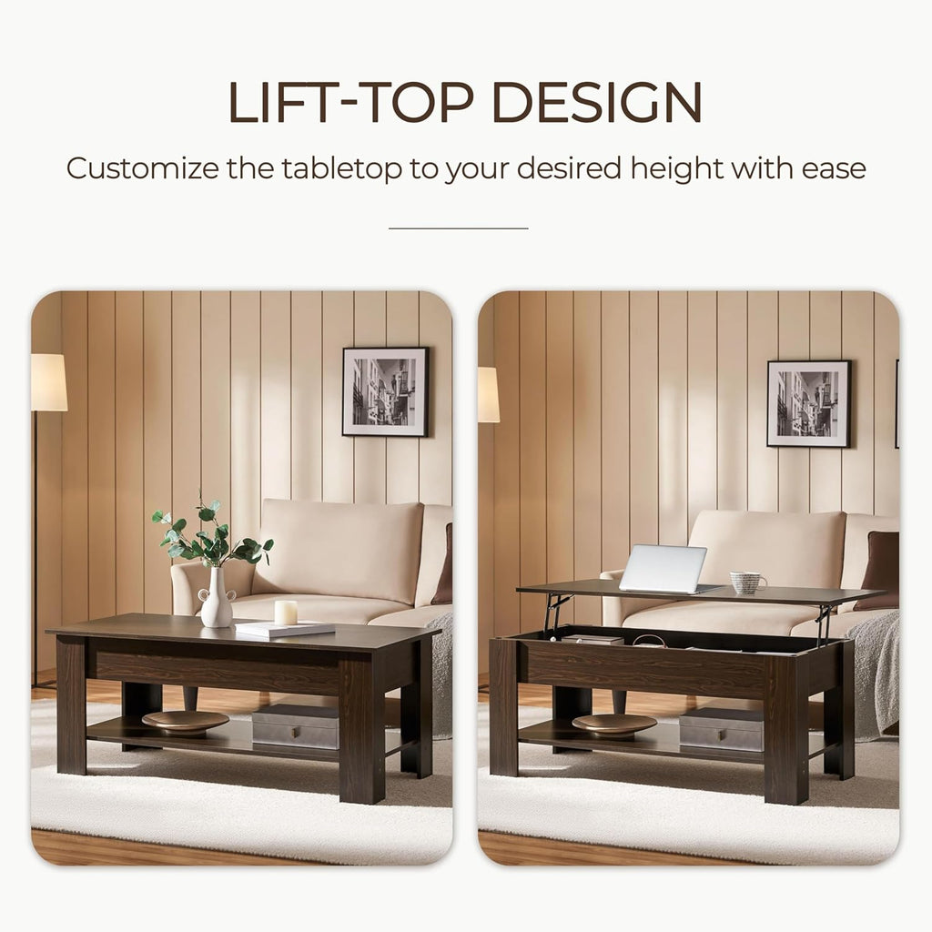 Yaheetech Lift Top Coffee Table with Hidden Compartment and Storage Shelf, Rising Tabletop Dining Table for Living Room Reception Room, 47.5in L, Espresso