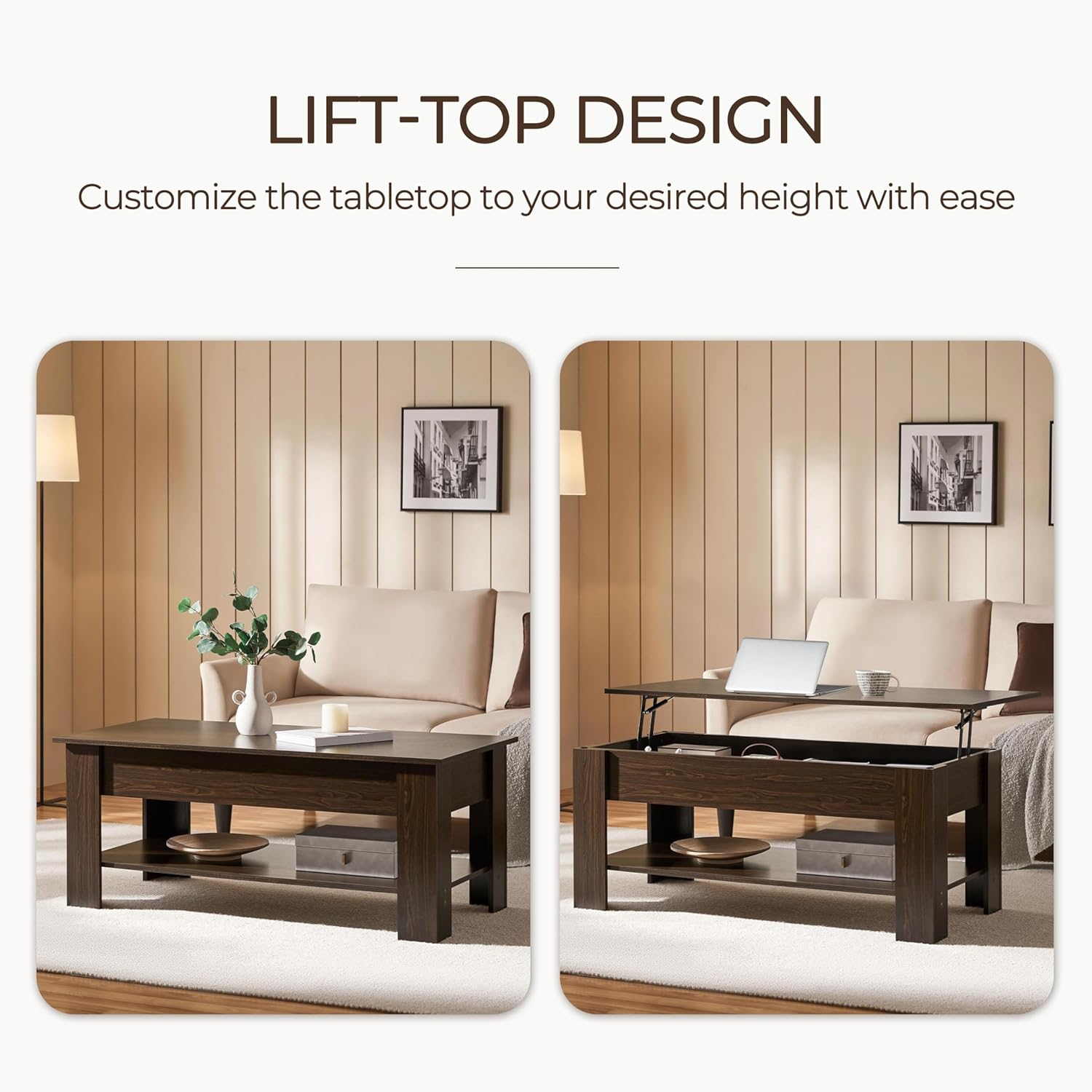 Yaheetech Lift Top Coffee Table with Hidden Compartment and Storage Shelf, Rising Tabletop Dining Table for Living Room Reception Room, 47.5in L, Espresso