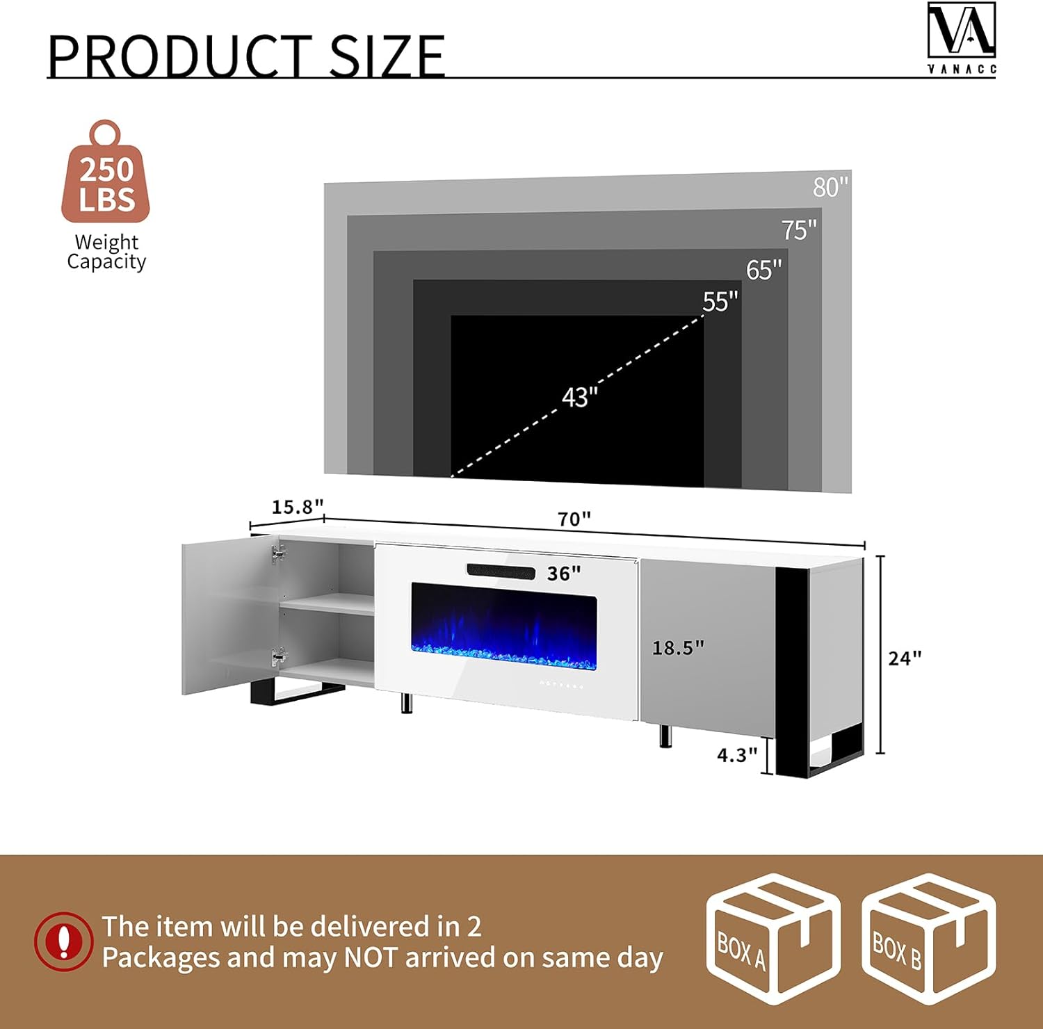 VanAcc 70" Fireplace TV Stand with 36" Electric Fireplace, High Gloss Entertainment Center with LED Lights, Modern Entertainment Stand for TVs up to 80", White