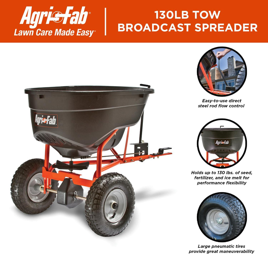 Agri-Fab 45-0463 Pull Behind Broadcast Spreader 130 lb. Hopper Capacity Designed for Seed  Fertilizer  Salt  Ice Melt with Universal Hitch 12 ft. Spread Width for Riding Lawn Mowers and Lawn Tractors