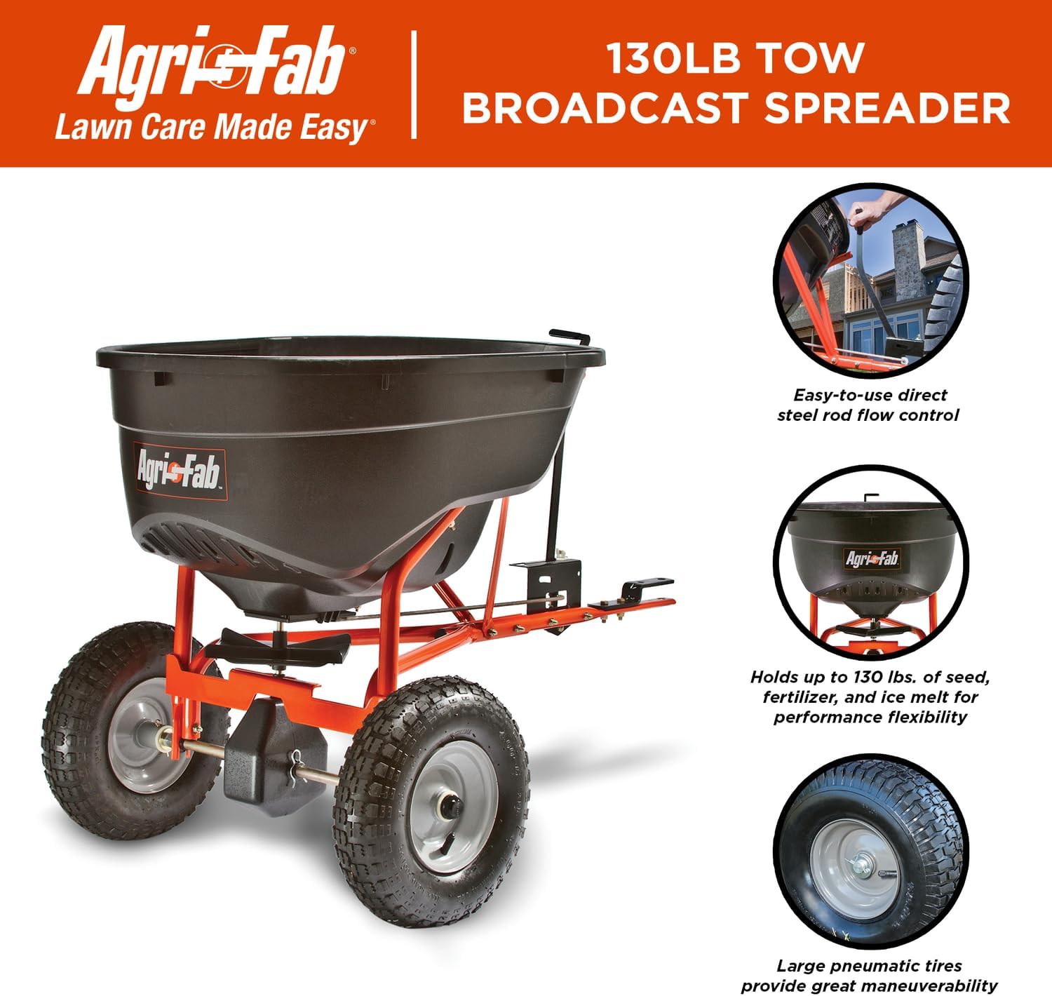 Agri-Fab 45-0463 Pull Behind Broadcast Spreader 130 lb. Hopper Capacity Designed for Seed  Fertilizer  Salt  Ice Melt with Universal Hitch 12 ft. Spread Width for Riding Lawn Mowers and Lawn Tractors