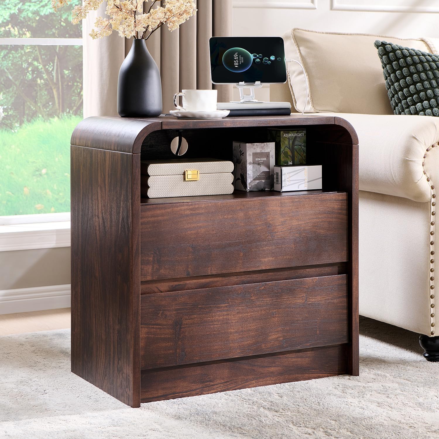 25" Tall Modern Nightstand Set of 2, 23.6'' Wide Wood Bedside Table w/2 Storage Drawers, Charging Station,Mid Century End Table for Bedroom, Living Room, Curved Profile Design, Brown