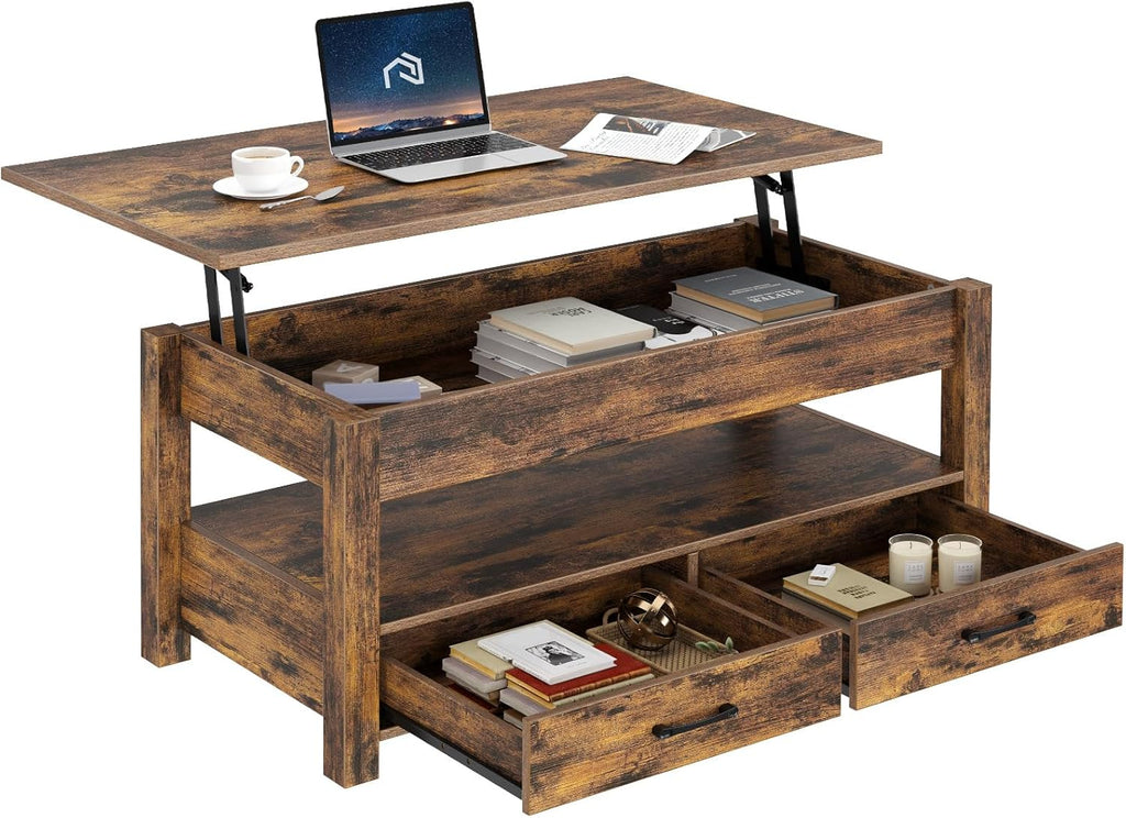 Rolanstar Coffee Table, Lift Top Coffee Table with Drawers and Hidden Compartment, Retro Central Table with Wooden Lift Tabletop, for Living Room,Rustic Brown