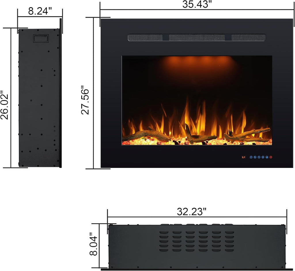 Prismaster 32.23" W x 26" H Rear Electric Fireplace Insert with Crackling, Fireplace Heater with Adjustable Flames, 62-99℉ Thermostat,Only Recessed