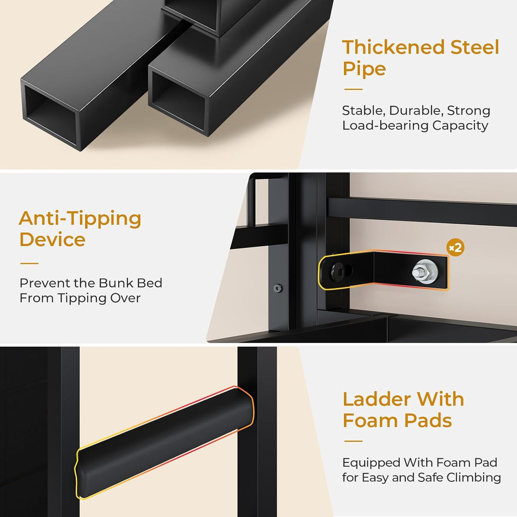 ADORNEVE Full Over Twin Bunk Bed with 8 Storage Drawers, Metal Loft Bed with Led Lights & Storage Shelves, Bunk Beds Twin over Full Size with 13.4" H Safety Guardrail & Ladder, for Kids & Teens, Black