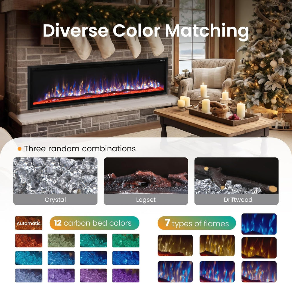 PHI VILLA 72" Electric Fireplace Wall Mounted, Recessed Wall Fireplace Electric with Crystal, Fake Charcoal & Firewood Bed for Indoor, Remote Control, 750W/1500W, Timer, Ultra-Narrow Bezel