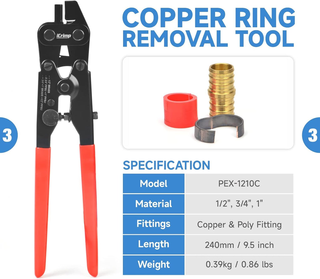 iCrimp IWS-1807CN PEX Crimping Tool Kit with PEX Crimpers, PEX Tubing Cutter, Copper Ring Removal Tool for 1/2’’ & 3/4’’ Copper Crimp Rings, Meets ASTM F1807 Standard
