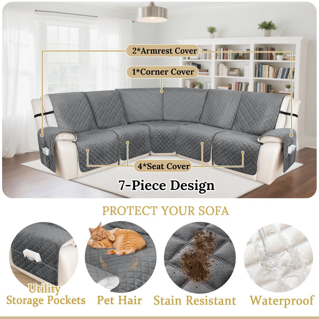 HDCAXKJ 100% Waterproof Velvet Recliner Sectional Couch Covers L Shaped Corner Reclining Sofa Cover Washable Thick Non Slip Sectional Slipcover with Pockets (5 Seat and 1 Middle Console, Grey)