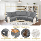 HDCAXKJ 100% Waterproof Velvet Recliner Sectional Couch Covers L Shaped Corner Reclining Sofa Cover Washable Thick Non Slip Sectional Slipcover with Pockets (5 Seat and 1 Middle Console, Grey)