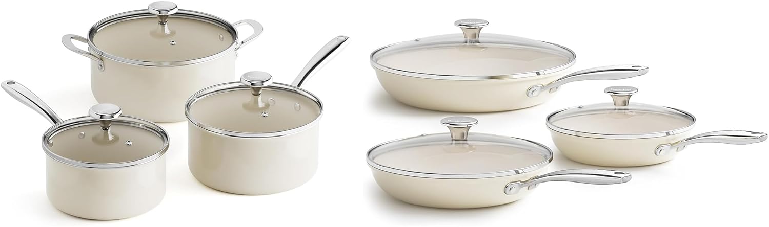 Redchef Cooking Pot Set Induction 5Qt, Saucepan Set 2.5/3.5Qt 8" 9.5" 11" Frying Pan Set with Tempered Glass Lids, Stay-Cool Handles, Oven/Dishwasher Safe, PTFE PFAS Free (Beige)