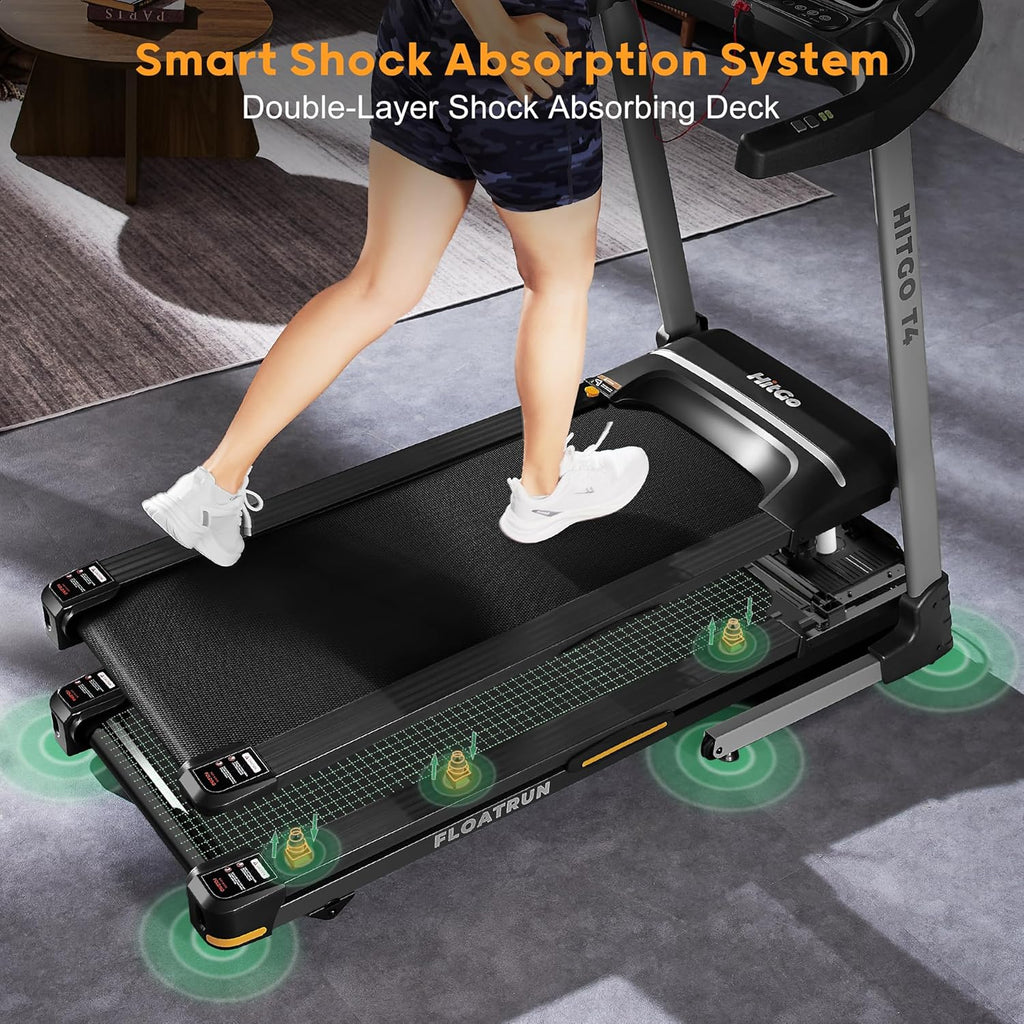 HitGo Treadmill with 15% Auto Incline,10 MPH High Speed Running Machine for Home Gym,Silent Brushless Motor,265lbs Weight Capacity,Air Cushion Shock Absorption,Bluetooth App Kinomap HitGo,Black