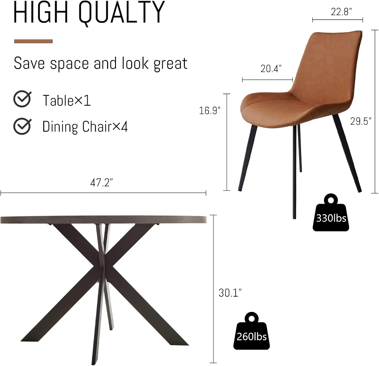 Zerifevni 47" Round Dining Table Set, Mid Century Modern Round Dining Table for 4-6 Person, Steel Legs, Leisure Coffee Table for Kitchen Dining Room, Save Space