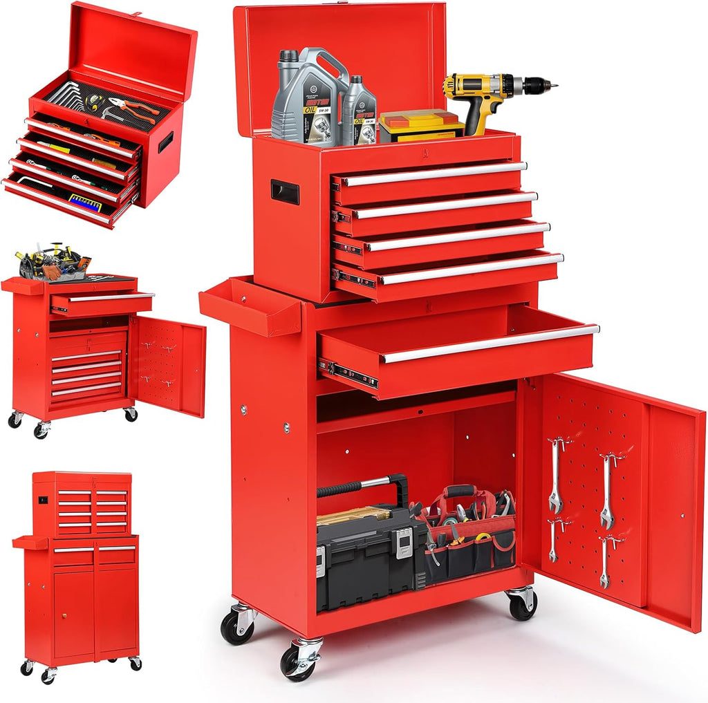 Dawmilon 5-Drawer Rolling Tool Chest with Wheels - High Capacity Tool Cabinet with Detachable Top Toolbox for Garage and Workshop Organization - Metal Tool Cart with Liner & 4 Hooks, Red