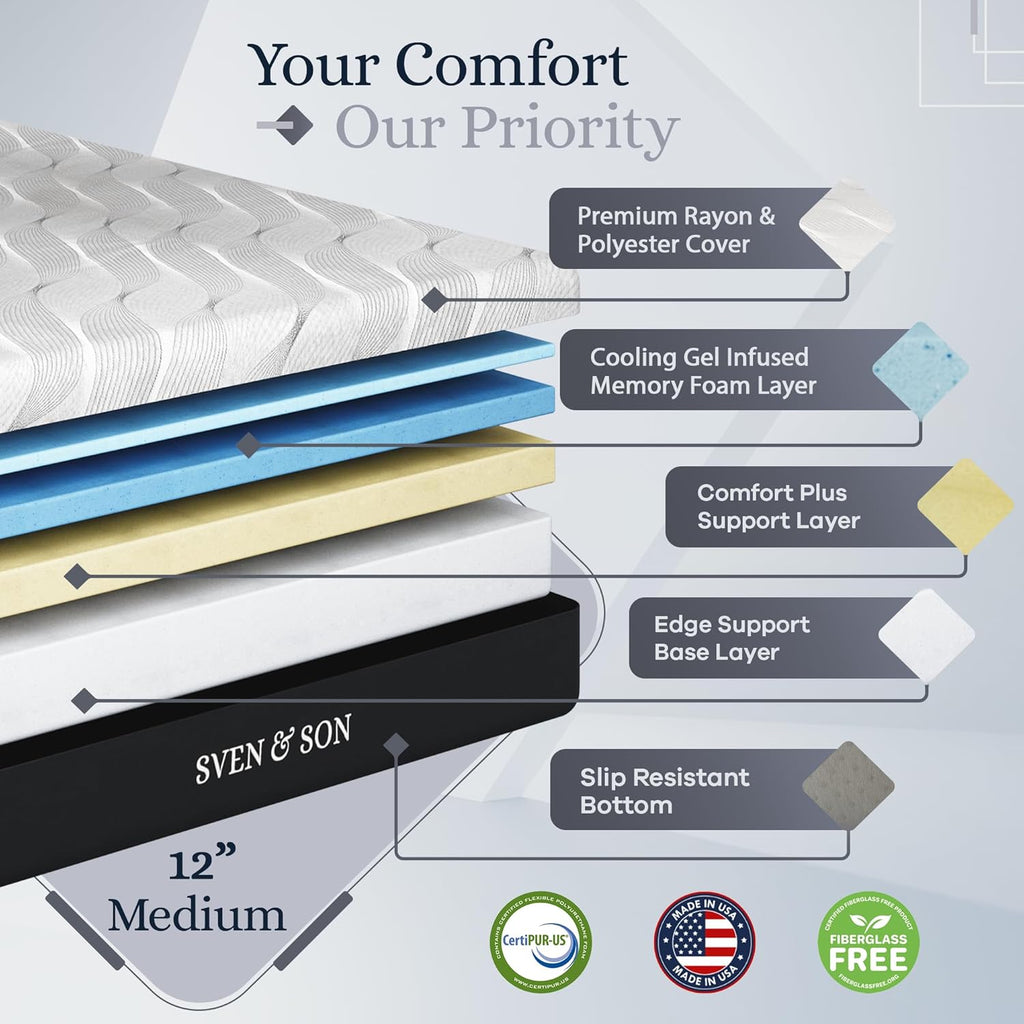 Sven & Son Platinum Adjustable Bed Base Frame + 12 inch Memory Foam Matt (Medium), Lumbar Support, Head-Pillow-Tilt, Massage, Under-Bed Lights, USB - Twin XL