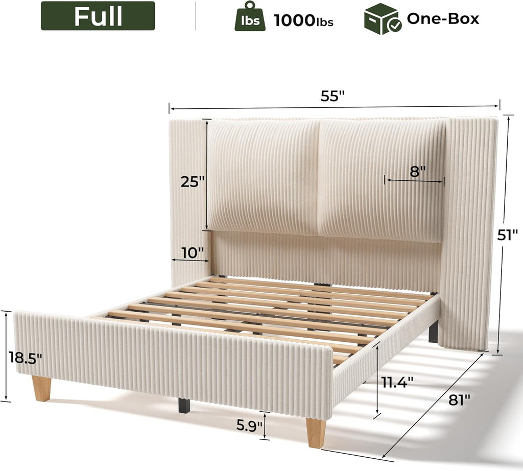 Full Upholstered Bed Frame with 51" Tall Headboard & Widened Corduroy Cushion, Easy Assembly, No Box Spring Needed, Cream