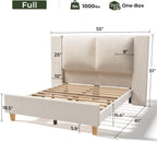 Full Upholstered Bed Frame with 51" Tall Headboard & Widened Corduroy Cushion, Easy Assembly, No Box Spring Needed, Cream