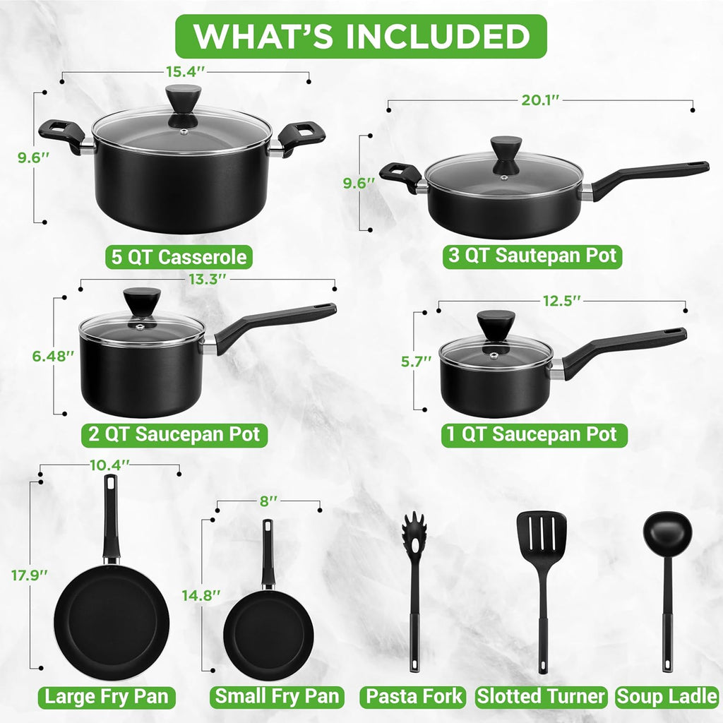 NutriChef 13-Piece Nonstick Cookware - Heat Resistant Kitchen Ware Set w/Saucepan, Frying Pans, Cooking Pots, Casserole, Lids, Ladle, Fork, Strainer - NCCWA13, Black