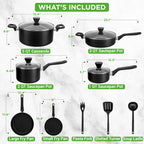 NutriChef 13-Piece Nonstick Cookware - Heat Resistant Kitchen Ware Set w/Saucepan, Frying Pans, Cooking Pots, Casserole, Lids, Ladle, Fork, Strainer - NCCWA13, Black
