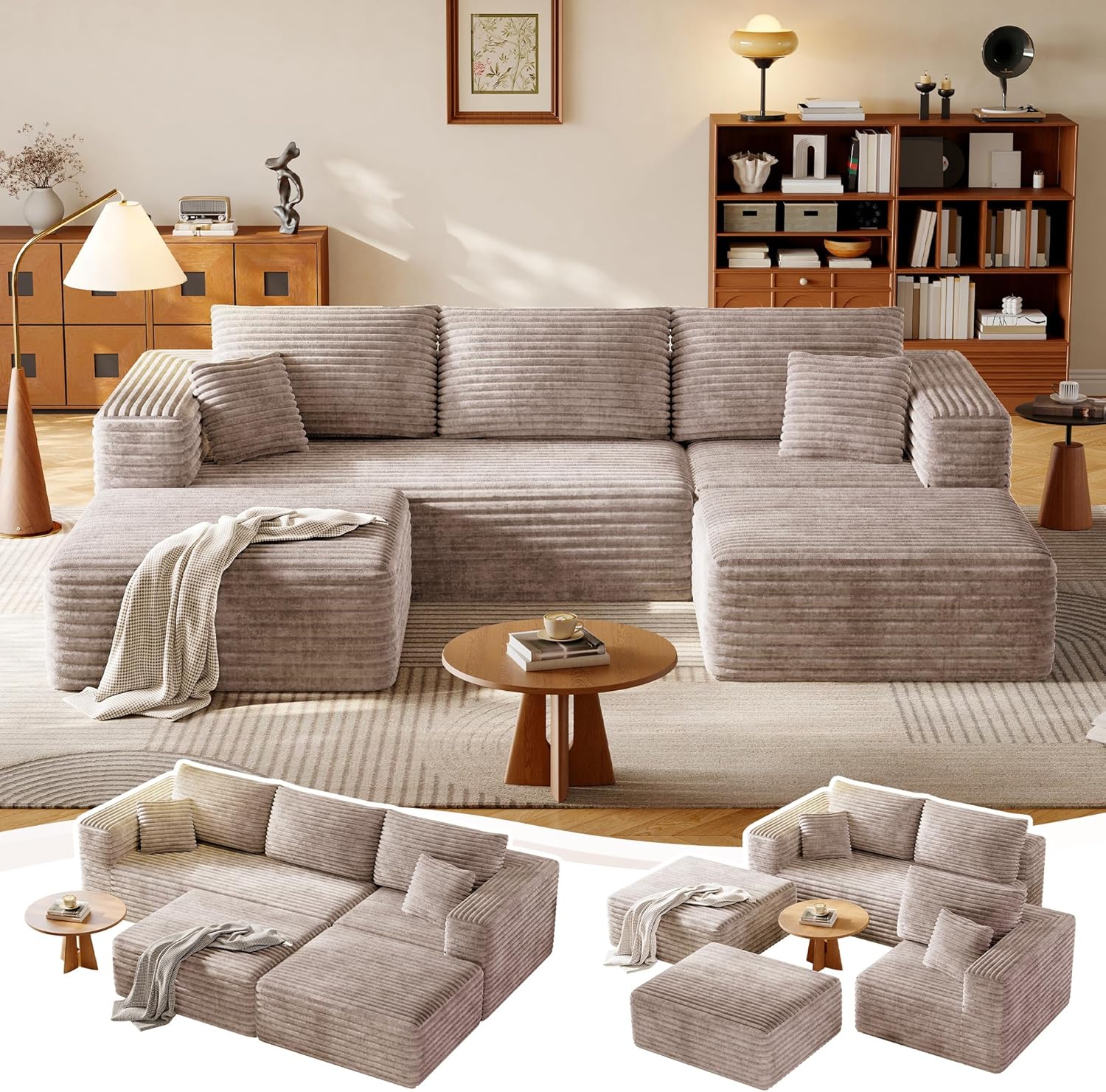 108.2" Modular Sectional Sofa with Deep Seat, Boneless U Shaped Corduroy Couch Modern Comfort, Cloud Couch Oversized for Living Room No Assembly (Camel)