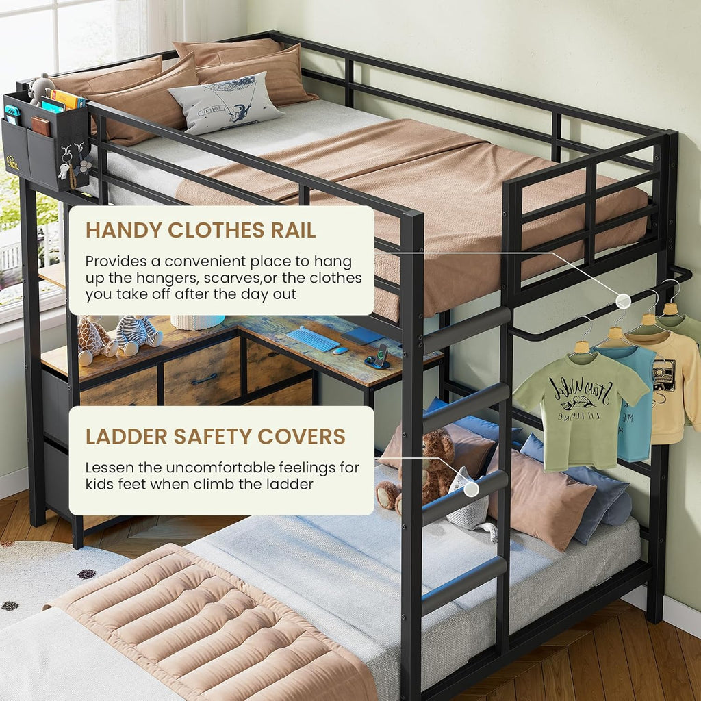 DICTAC Bunk Bed with L-Shaped Desk,5 Storage Drawers and 2 Shelves Metal Twin XL Over Twin Bunk Bed with LED Lights and Charging Station,bunk Beds with Safety Guardrail & Ladder,Space-Saving,Black