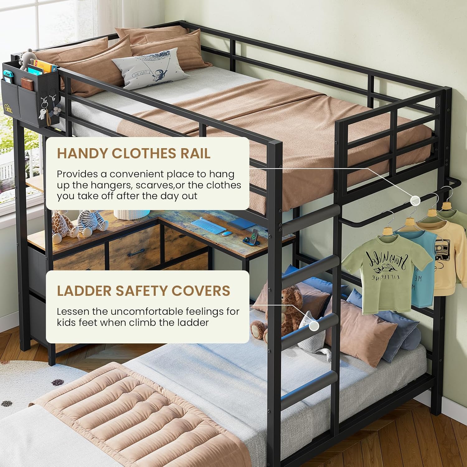 DICTAC Bunk Bed with L-Shaped Desk,5 Storage Drawers and 2 Shelves Metal Twin XL Over Twin Bunk Bed with LED Lights and Charging Station,bunk Beds with Safety Guardrail & Ladder,Space-Saving,Black