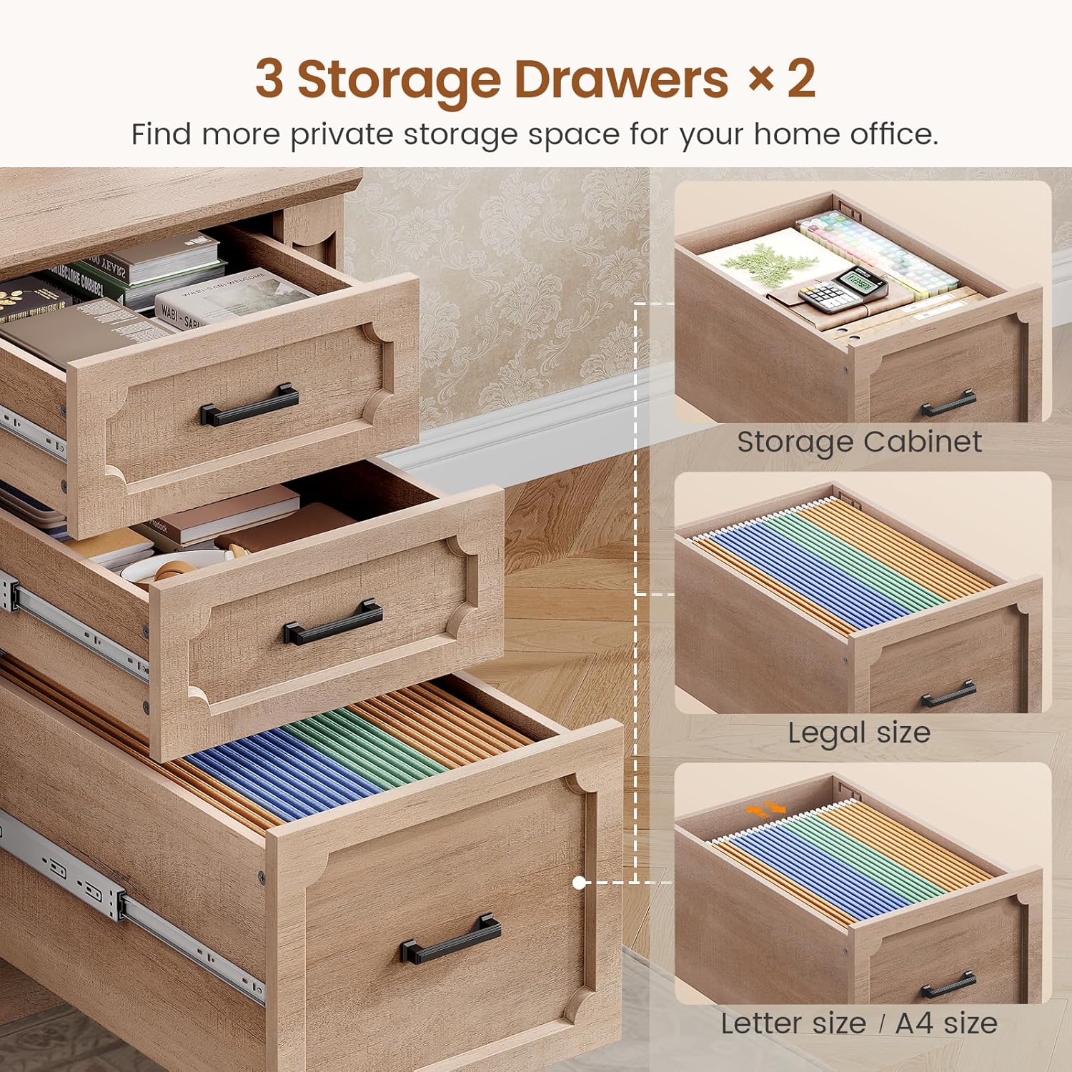 SEDETA Farmhouse 110.3" Two Person Desk with 7 Drawers, Long Computer Desk with Storage Cabinet, 2 Person Desk with Power Outlets for Home Office, Natural Oak