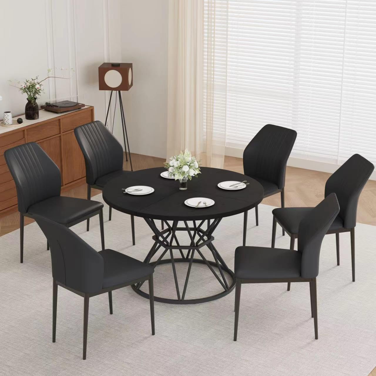 47.24" Round Dining Table Set for 6, 7 Piece Dining Room Table Set, Circle Kitchen Table and Chairs for Dining Room, Living Room, Kitchen, Apartment(Black Table + 6 Black Faux Leather Chairs)